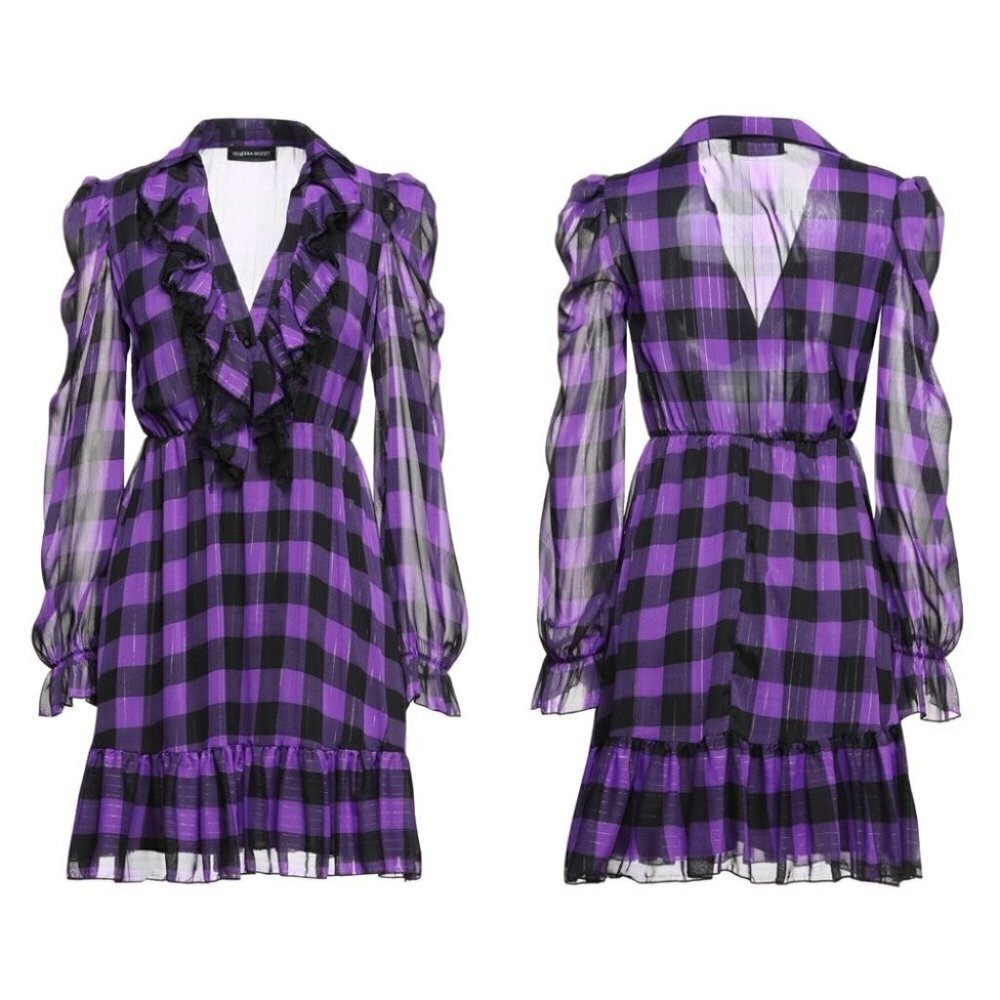 Vanessa Scott purple plaid tartan print long sleeves ruffle ruched dress size M